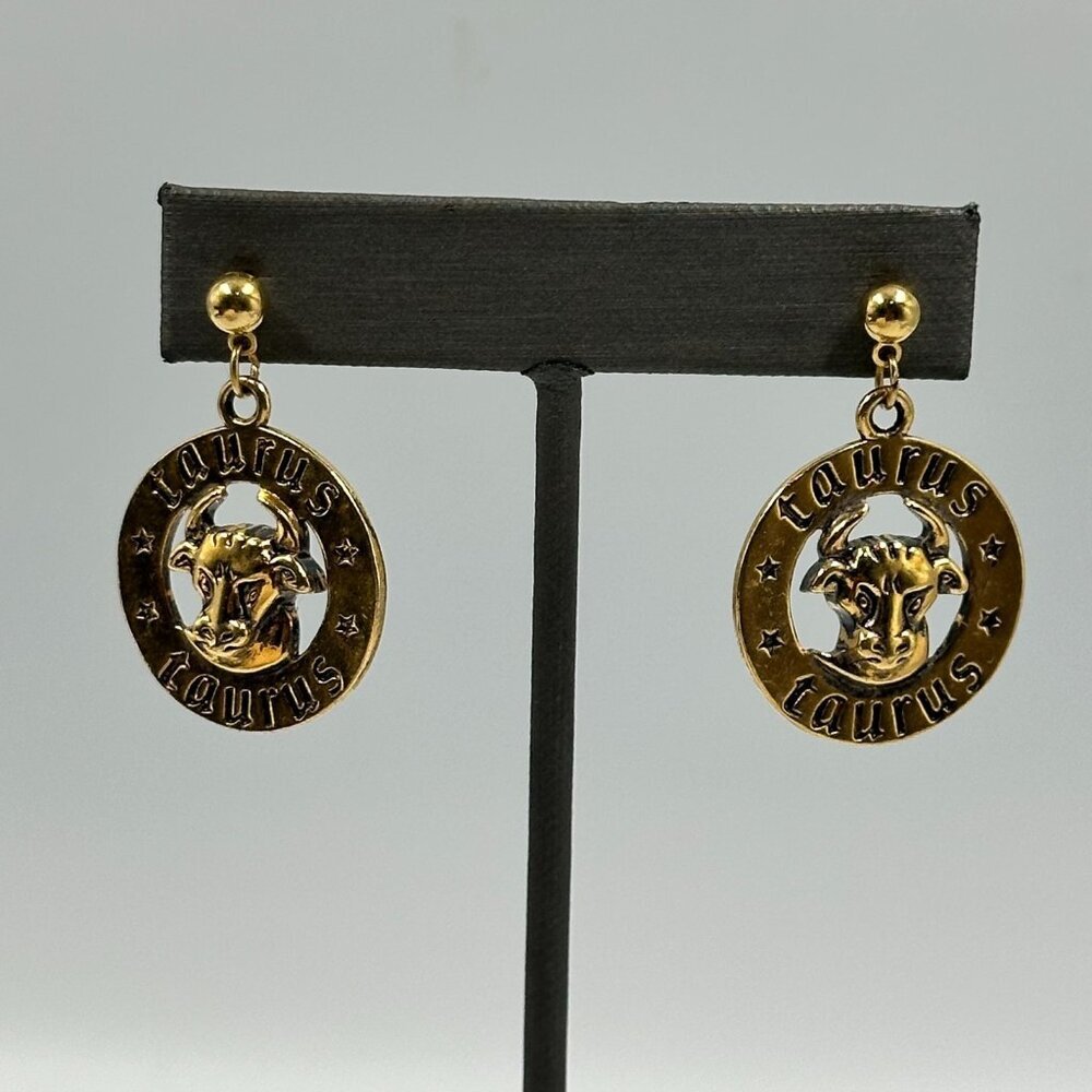 3/$30 Taurus Earrings Gold Tone Zodiac Bull Coin Dangle Pierced Astrology
